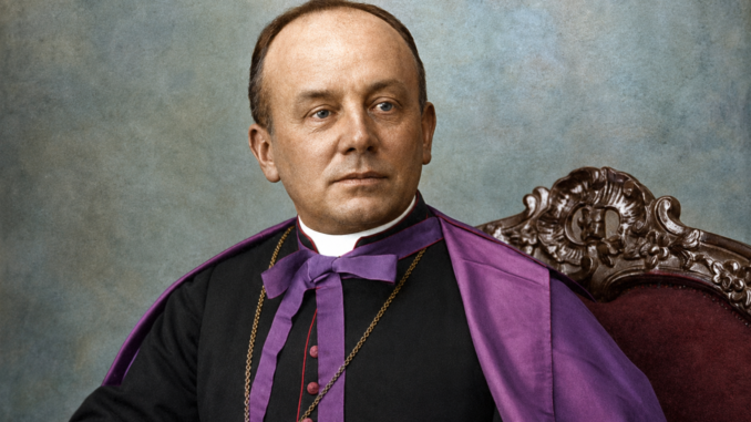 Monseigneur Christophe Légasse. L’image d’origine fut colorisée par un logiciel d’intelligence artificielle avec des instructions précises sur les couleurs authentiques.