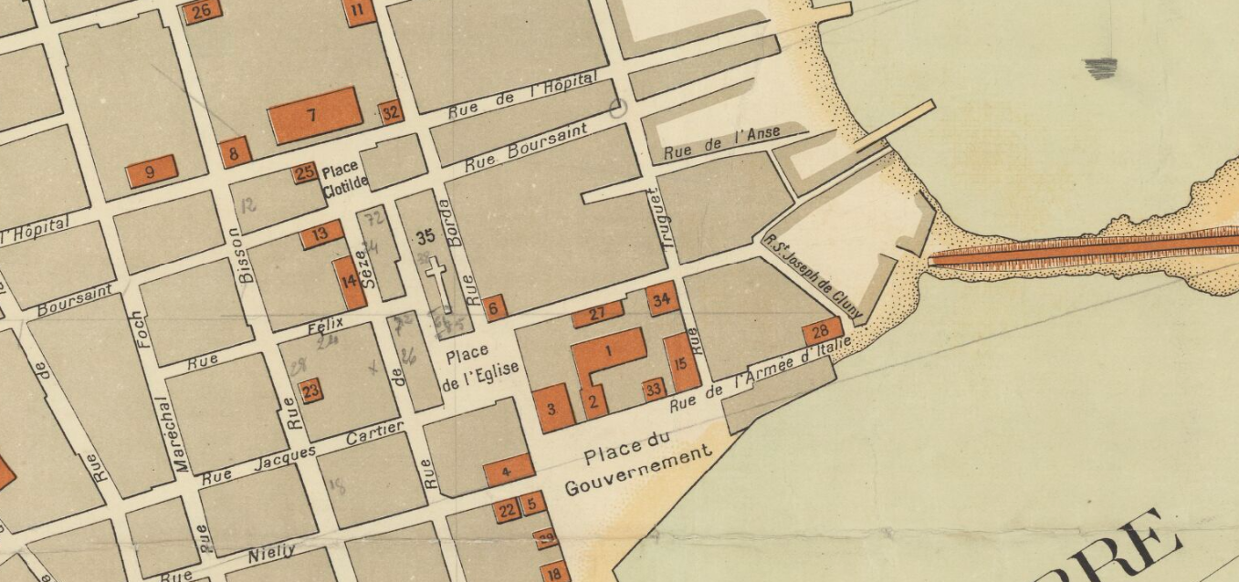 Plan de la ville et du port de Saint-Pierre Miquelon. Imp. Cabasson (Paris). 1930. Source Gallica.